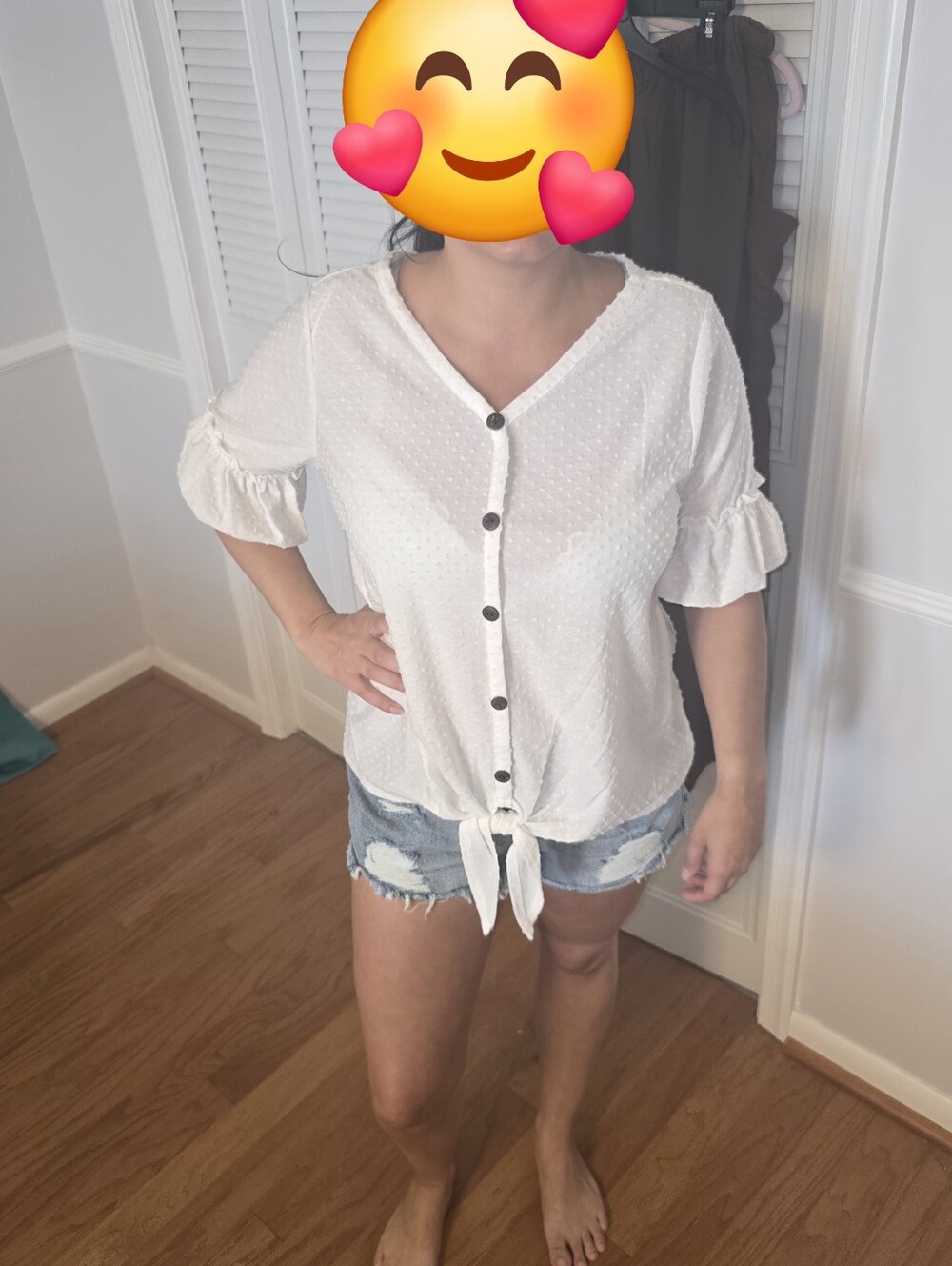 NY Collection White Short Sleeve Button-Front Tie Top